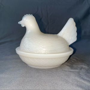 Vintage milk glass nesting hen candy dish
